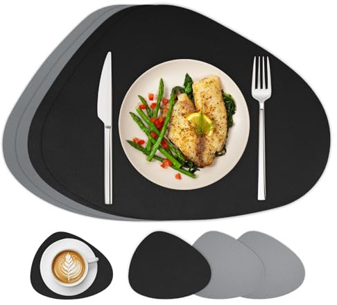 Famibay Platzsets Abwaschbar Tischsets Leder Platzdeckchen rutschfest Grau Schwarz Tischset und Untersetzer 4er Set Rund Hitzebeständig Für Tisch Deko Esstisch Esszimmer