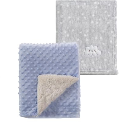 CREVENT 2 x 75 x 100 cm süße, gemütliche, warme Babydecken für Säuglinge, Kleinkinder, Bettwäsche, Kinderbett, Kinderwagen – graue Wolke + Blauer Sherpa