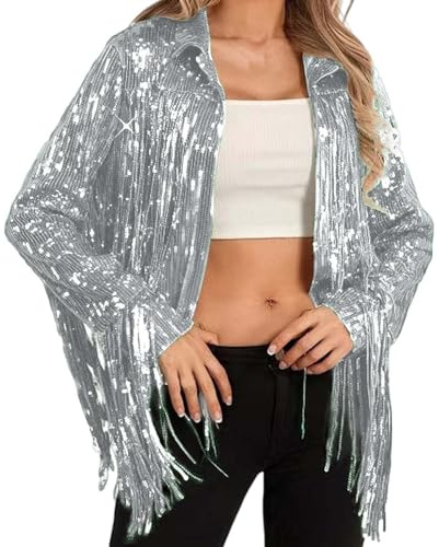 Damen Pailletten Jacke mit Fransen Glitzer Cardigan Langarm Blazer Offene Vorderseite Party Jacken 70er Jahre Disco Outfit für Karneval Fasching Festival Clubwear 2026