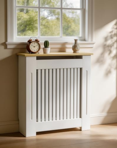 Small Radiator Cover MDF Vertical Slatted Wood Effect Top, Inner 81cm Tall | White Radiator Covers Heating Cabinet with Anti-Tipping Device Decorative Radiator Guard for Living Room Bedroom Entryway