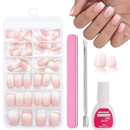 120PCS Short Square Press on Nails with Glue, Nude Ombre French Tip False Nails Kit, Full Cover Acrylic Fake Nails, 12 Sizes Stick on Nails for Women, Reusable Natural Nail Tips Set
