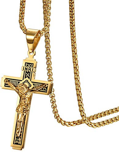 JewelryWe Schmuck Herren Halskette Katholische Jesus Christus auf INRI Kreuz Kruzifix Edelstahl Anhänger mit 22 Zoll Kette Gold