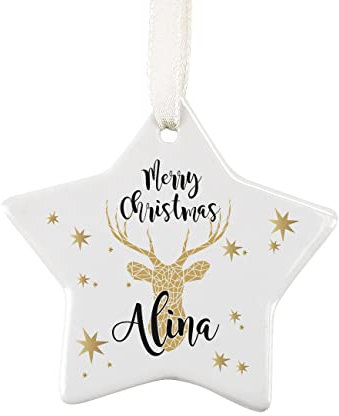 Herz & Heim® Christbaum Geschenk-Anhänger Keramik-Stern mit gratis Namensaufdruck Hirsch