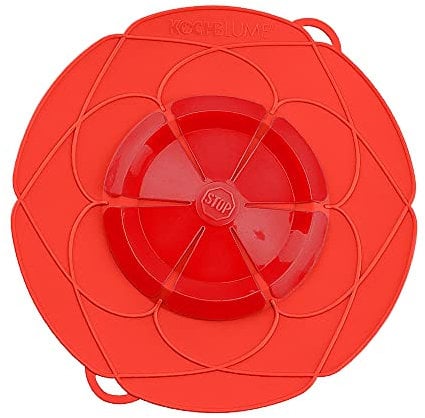 Kochblume the original, silicone boil over protection for pots and pans, microwave lid, splash guard and steam cooker attachment, set with zip pocket in the pink box., red, XL | Topfgröße 20-28cm