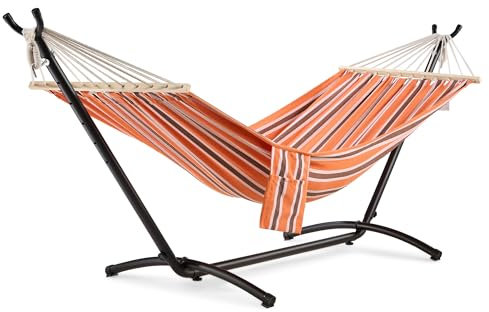 VonHaus Hammock with Stand - Freestanding 1 Person Striped Hammock Seat with Steel Frame - Polycotton Material & Adjustable Frame for Garden - Travel Bag for Beach, Camping & Outdoors - Orange Stripe