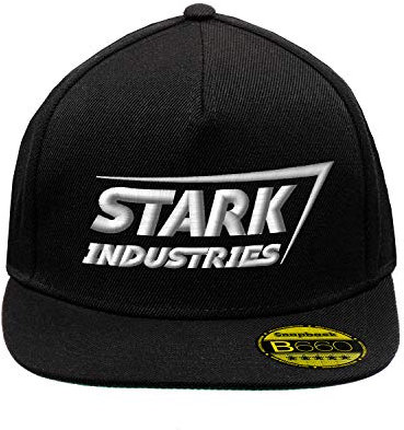 Stark Industries Iron Man Super Hero White Black Hat Flat Peak Adjustable Snapback Unisex Original Embroidered Urban Logo Cap
