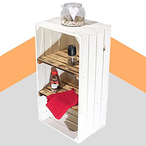 Weiße Apfelkiste mit 2 geflammten Mittelbrettern 68cm x 40cm x 31cm Schubox flambiert Obstkiste Weinkiste modern Schuhregal Bücherregal Kistenregal Einlegeböden Wandregal