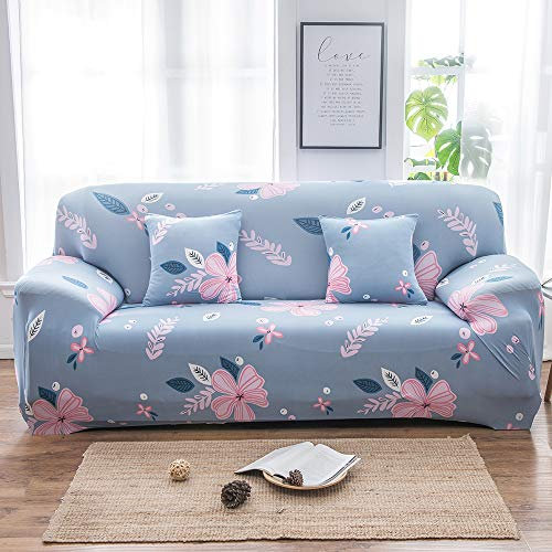 Morbuy Elastisch Sofa Überwürfe Sofabezug, Ecksofa L Form Stretch Antirutsch Armlehnen Blume Sofahusse Sofa Abdeckung Hussen für Sofa Couchbezug Sesselbezug (4 Sitzer,Hellblau)