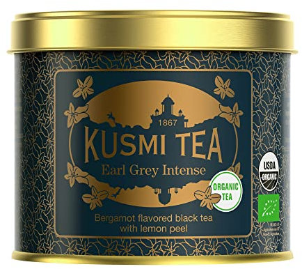 Kusmi Tea - Earl Grey Intense Bio - Thé Noir Earl Grey Biologique Aromatisé à la Bergamote avec des Écorces de Citron - Boîte Thé Métal 100g - Quantité pour environ 50 Tasses