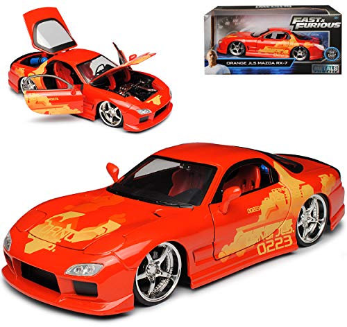 Mazda RX-7 Orange JLS The Fast and The Furious 1/24 Jada Modell Auto mit individiuellem Wunschkennzeichen