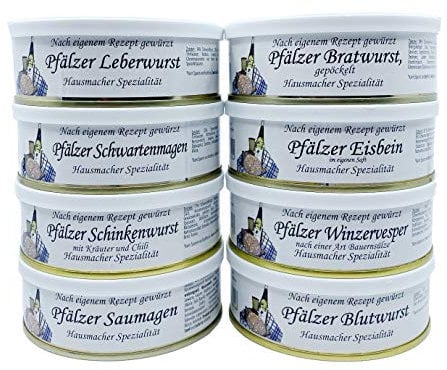 Pfälzer Wurst Dosenwurst Paket Geschenkset im Netz - 8 verschiedene Dosen z.B: Leberwurst, Bratwurst, Eisbein, Saumagen, Blutwurst, Winzervesper, Schwartenmagen, Schinkenwurst (8x200g)
