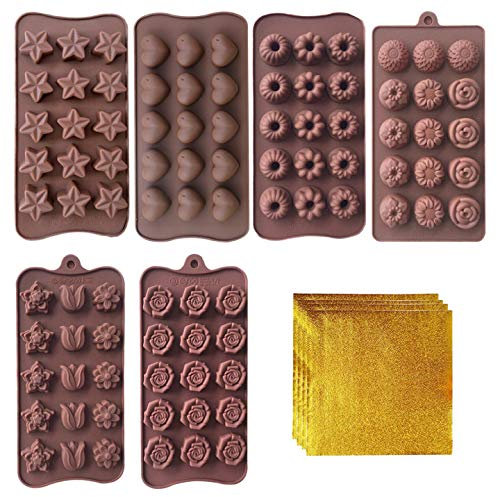 VEGCOO 6 stampi in silicone per cioccolatini con 100 confezioni di carta stagnola color cioccolato, a forma di cuore, per cioccolatini, caramelle, cioccolatini, per San Valentino, festa di Natale
