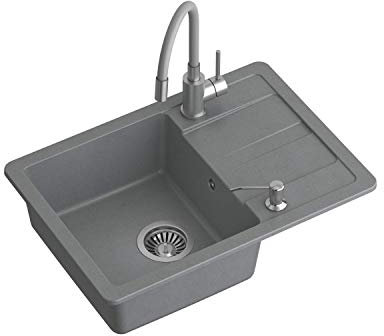 VBChome Spülbecken mit Armatur Grau 62 x 44 cm Granit Einzelbecken Einbauspüle Abtroffläche gesprenkelt reversibel flexible Armatur Verbundspüle + Siphon Spülmittelspender
