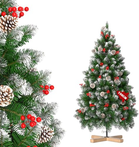 Aufun Albero di Natale artificiale, 1,8 metri. Albero di Natale artificiale bianco con neve e pigne, pino di montaggio veloce, con supporto per albero di Natale (180 cm, pino bianco naturale con neve)