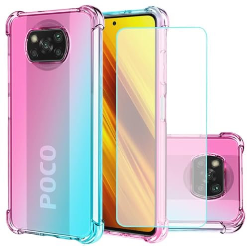 Jhxtech para Xiaomi Poco X3 NFC/Poco X3 Pro Caso con [2 Paquetes] Protector de Pantalla de Vidrio Templado, Funda Transparente de TPU Funda Protectora para Xiaomi Poco X3 Pro (Rosa/Verde)