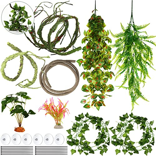 9 Pieces Reptile Vines Decor Set Include Reptile Hanging Plants for Terrarium Rainforest Ground Plant with Suction Cups Amphibian Habitat Hideout Accessories for Bearded Dragon, Chameleon Gecko Snakes