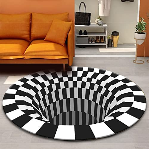 GOODLUKY Runder Teppich Mit Optischer Täuschung, 3D Bodenloses Loch Teppich,3D-Stereo-Vision-Fußmatte, Schwarzweißer Vortex-Täuschungs Teppich Für Wohnzimmer, Schlafzimmer, Küche, Badezimmer,140cm