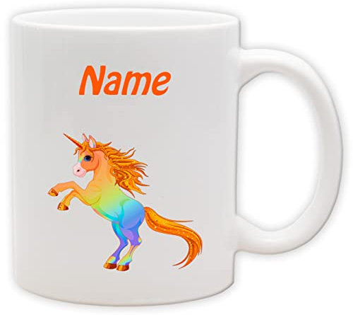 Texmacher Kindertasse - Becher mit personalisiertem Namen und Motiv - Spülmaschinenfest und beidseitig bedruckt (Einhorn_Henkel&Innen_Weiss)