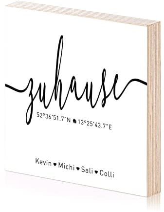 Yuweli® Holzbild Zuhause personalisiert mit Koordinaten und Namen