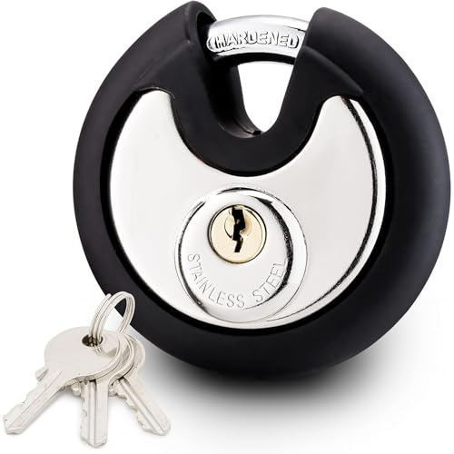 Satargo Heavy Duty Disc Padlock, 74mm Round Lock with Rubber Cover, Stainless Steel Body, Hardened Steel Shackle, 3 Keys, Weatherproof (1)