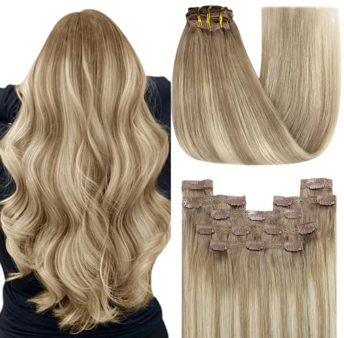 YoungSee Clip in Extensions Echthaar Ombre 45cm Echthaar Extensions Clips Hellbraun Ombre Platinblond Clip-in Extensions Remy Haarextension Braun Blond fur Damen 120g #8A/60/8A