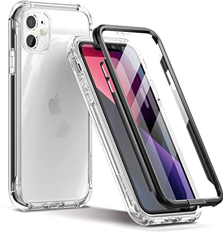SURITCH Compatible with iPhone 11 Case 360 Shockproof, Clear Cover and Silicone Matte Bumper and Screen Protector, Front and Back Full Body Drop Proof Anti Yellow Case for iPhone 11 6.1 Inch - Black
