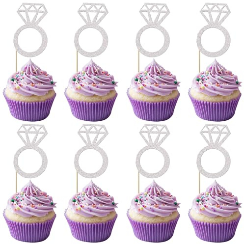 Rsstarxi 24 Pack Diamond Ring Cupcake Toppers Glitter Bridal Shower Wedding Ring Cupcake Picks for Marriage Wedding Engagement Anniversary Valentines Party Cake Decorations Supplies Silver