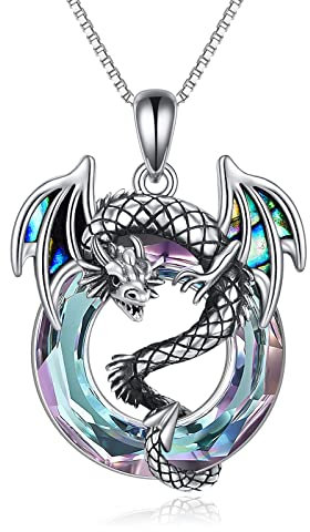 TOUPOP Drachen Kette aus 925er Sterlingsilber mit Abalone-Muschel, 14 Karat vergoldet Lila Kristall Drachen Anhänger Schmuck für Damen, Herren, Geburtstags Geschenk Drachengeschenke für Frauen