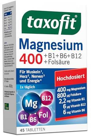 taxofit Magnesium 400 Tabletten für Muskeln, Herz, Nerven, Energiestoffwechsel und Blutbildung | hochdosiert | vegan | Nahrungsergänzungsmittel mit Magnesium, B-Vitaminen und Folsäure | 45 Tabletten