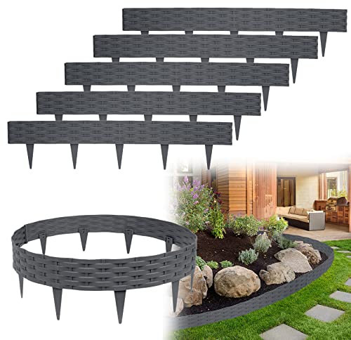 Yznahre Beetumrandungen Rasenkante Rattan-Optik, 15M Beeteinfassung Zaun Gartenpalisade Mähkante Flexible Garten Rasenkanten aus Kunststoff 20 cm Hoch, Anthrazit (15 x 100cm)