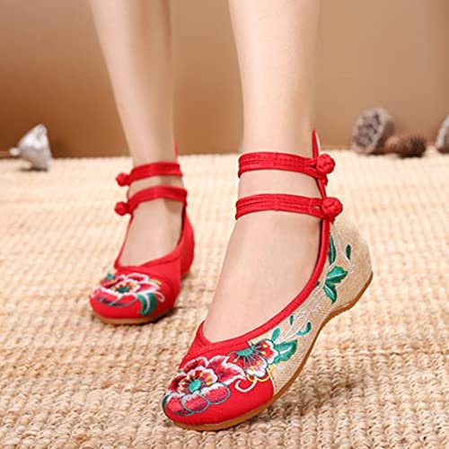 Women's Vintage Embroidered Canvas Ballets Flats Ladies Fabric Plus size Comfortable Chinese Ballerinas Embroidery For Summer Sandals (Color : Red, Size : 7 UK)