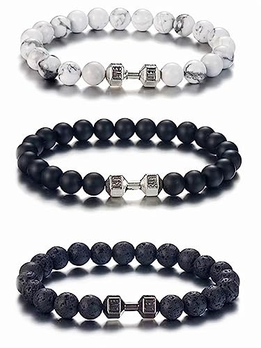 3-teiliges Hantelarmband für Männer und Frauen, Fitness-Armband-Set für Bros, Vulkanstein, schwarze Perlen, Armband, Fitness, Barbel, Schmuck, Geschenk für Fitness-Liebhaber, Stein, Andere