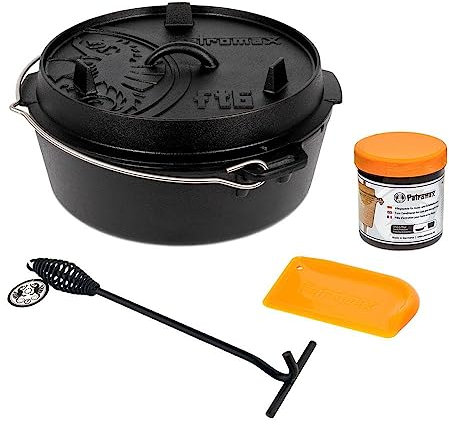 Petromax Feuertopf ft6t Einsteiger-Set - Dutch Oven mit planem Boden inklusive Deckelheber, Pflegepaste und Schaber - für alle Grillarten und offenes Feuer - 5,5 Liter