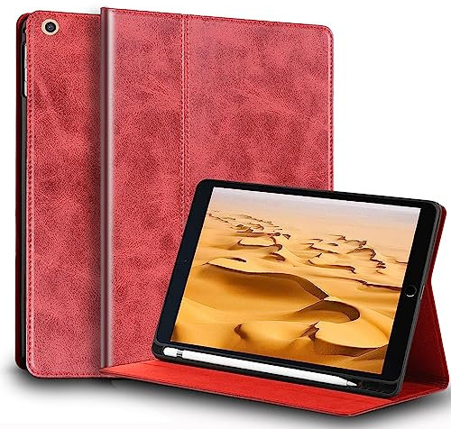 Gexmil Custodia per iPad 10.2 Pollici,9a/8a/7a Generazione(2021/2020/2019) Cover in Pelle Vera con Supporta la Ricarica di Pencil,Auto Svegliati/Sonno,Supporto Regolabile,Rosso di Cera d'olio