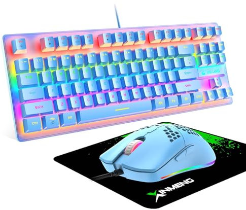 ZIYOU LANG Blue Wired Gaming Keyboard Mouse Set, TKL 80% Layout Compact 87 Keys Clicky Blue Switch Rainbow LED Light Up Mechanical Keyboard + 6400DPI Lightweight Gaming Honeycomb Mouse + Mouse Pad