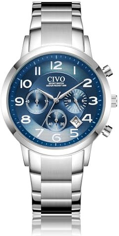 CIVO Orologio Uomo Cronografo Acciaio Inossidabile Impermeabile Orologi da Polso Uomo Analogico Affari Sportivo Argento