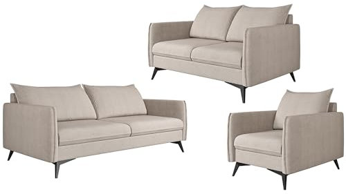 S-Style Möbel Nina Sofagarnitur 3 2 1 Polstergarnitur Couchgarnitur Couch-Set 3-Sitzer Sofa 199x91x86cm 2-Sitzer Sofa 138x91x86cm Sessel 74x91x86cm Schwarze Metallfüße Beige