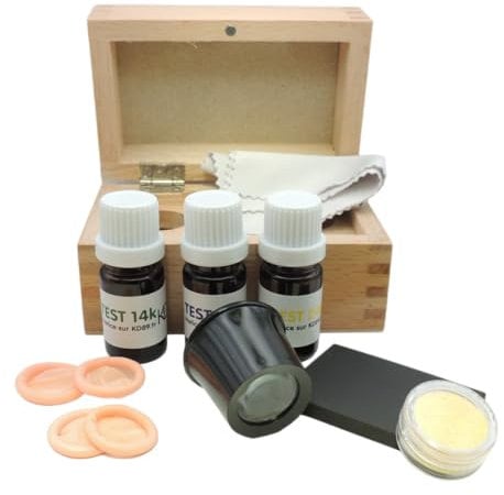 KD89 Testkoffer zum Testen von Gold, Schmuck, Goldmünzen 14-18-24 Karat, Reagenzien/Lösungen in 5ml, Juwelierlupe, Prüfstein, Finger, Mikrofaser, Neutralisator und Anleitung