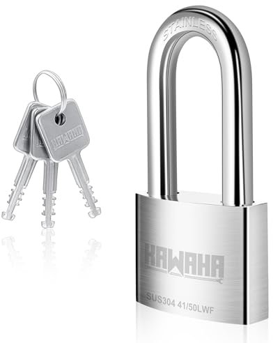 KAWAHA 41/50LKD-3SK Vorhängeschloss mit langem Bügel, Hochsicherheit, Edelstahl, mit Schlüssel, für den Innen- und Außenbereich (robust, rostfrei) (50 mm, L – 3 Edelstahlschlüssel)