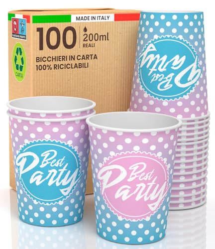 100 Pappbecher, 200 ml, umweltfreundlich, biologisch abbaubar, Einwegbecher, hergestellt in Italien, für den Sport, heiße Getränke, bunt, Fantasia Best Party – hergestellt und verpackt in Italien