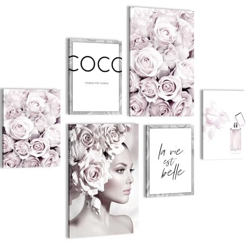 Novart Wandbilder Set Coco Fashion Grau Rosa - KEIN EXTRA RAHMEN BENÖTIGT - Modern Deko - Wohnzimmer Mädchen Teenager N000767a