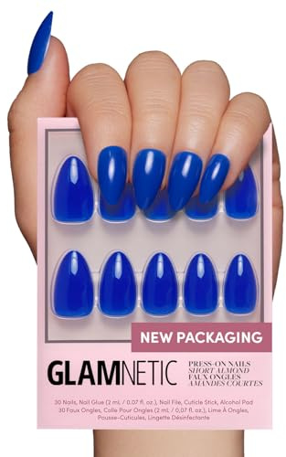 Glamnetic Press On Nails - Cobalt Blue | Opaque Bright Vibrant Blue Short Almond Fake Nails, Reusable | 15 Sizes - 30 Nail Kit