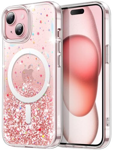 JETech Glitter Case for iPhone 15 Plus 6.7-Inch Compatible with MagSafe, Clear Cute Bling Sparkle for Women and Girls, Shiny Shockproof Magnetic Sparkly Phone Cover (Pink)