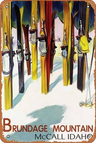 Metallschild Brundage Mountain – McCall, Idaho – buntes Skier, lustiges Schild, Retro-Dekoration, Zuhause, Küche, Bar, Café, Club, Höhle, Wanddekoration, Vintage-Blechschild, 20 x 30 cm