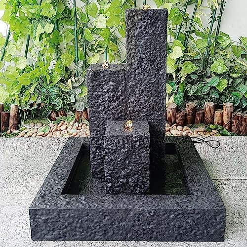 Gartenbrunnen Brunnen Zierbrunnen Zimmerbrunnen Springbrunnen Brunnen Wasserfall Wasserspiel für Garten, Gartenteich (230V - Gartenbrunnen Trio-Basalt dunkelgrau mit LED-Licht)
