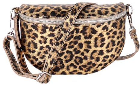 MIRROSI® Bauchtasche Damen, Made in Italy, Echtleder Umhängetasche Echtes Leder, Brusttasche, Crossbody Bag aus Echtem Leder (Leo Gold Silberner Reißverschluss) (Gr.M)
