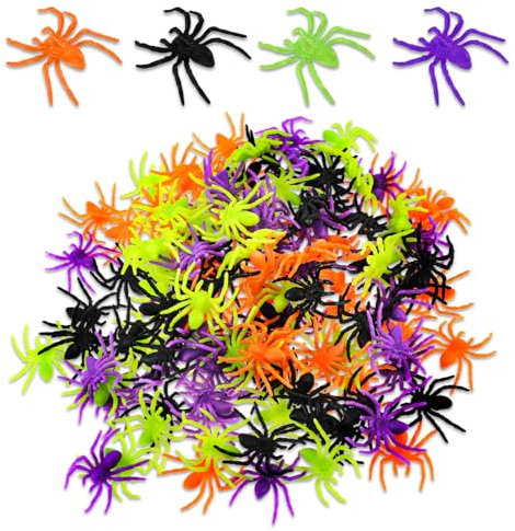 GEEHUA 120 Stück Halloween Künstliche Party Spinnen, Realistische Mini Spinnen aus Kunststoff, 4 Farben, Kleine Terror Spinne, Lustige Streich Requisiten, Karneval Party Dekoration (3,3 x 3 cm)