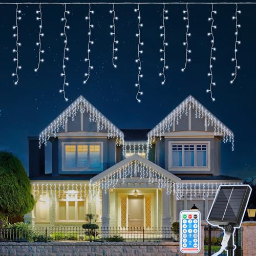 Eulenke Solar Eisregen Lichterkette Außen, 200LEDs, 8 Modi & Memory-Funktion, solarlichterkette mit Fernbedienung, IP44, Geeignet für die Innen- und Außendekoration von Häusern, kaltweiß