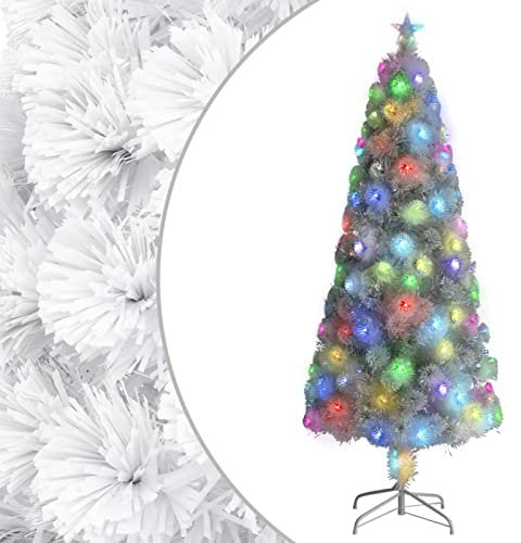 Homgoday Albero di Natale artificiale pre-illuminato bianco 210 cm fibra ottica albero di Natale con rami, albero di Natale facile da montare per casa, soggiorno, ufficio, feste, decorazione