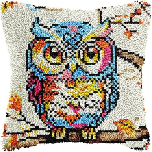 WallustrioaW Knüpfkissen Set,Tier-Cartoon-Eule,Knüpfkissen Set für Anfänger Erwachsene oder Kinder zum Selber Knüpfen,DIY Knüpfteppich Knüpfpackung,43x43cm